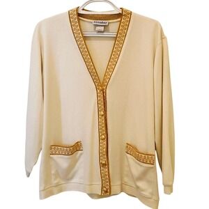 Eccobay Cardigan Sweater Gold Trim Pockets Button Front Cream Size L